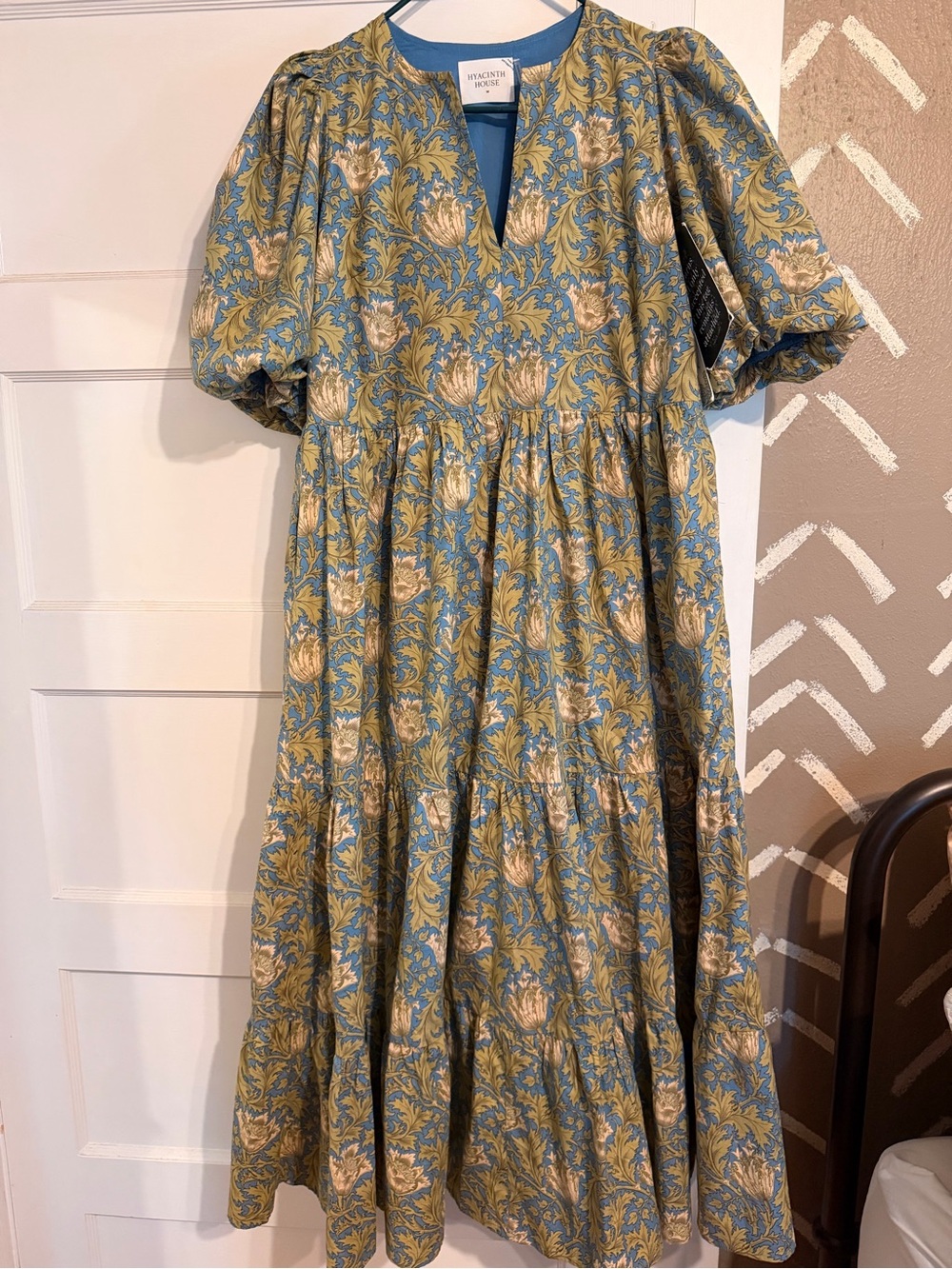 Hyacinth House Floral Tiered Midi Dress in Blue and tan
